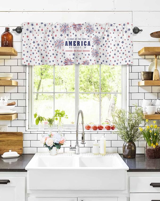 Vandarllin 4th of July Kitchen Curtains Valances for Windows Patriotic America Stars Fireworks Rod Pocket Window Treatment for Kitchen/Living Room/Bedroom/Bathroom, 42" X 12", Red White Blue