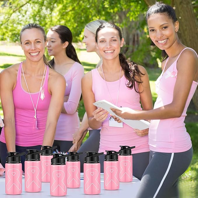 12 Pieces Breast Cancer Awareness Gifts Aluminum Water Bottles Pink Ribbon Breast Cancer Gift for Women Leak Proof Lightweight Portable Bottles for Marathon Running (Stylish Style,17 oz)