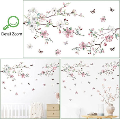 AM AMAONM Removable 3D Ink Style Brown Tree Branches and Pink WhiteFlower Wall Decals Plum Blossom Flowers and Butterfly Wall Sticker Peel and Stick Wall Decor for Home Walls Living Room Kids Baby