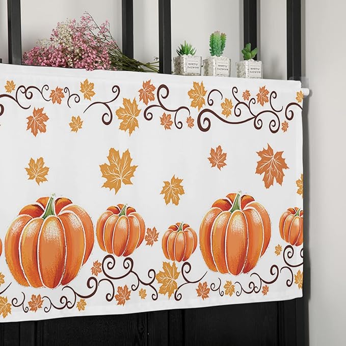 Vandarllin Fall Maple Leaves Kitchen Curtains Valances for Windows Thanksgiving Watercolor Pumpkins Rod Pocket Window Treatment for Kitchen/Living Room/Bedroom/Bathroom,42" X 18"-1 Panel, Orange