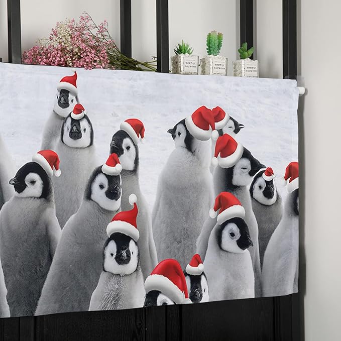 Vandarllin Funny Penguin with Christmas Hat Kitchen Curtains Valances for Windows Winter Holidays Rod Pocket Window Treatment for Kitchen/Living Room/Bedroom/Bathroom,42" X 12" -1 Panel,