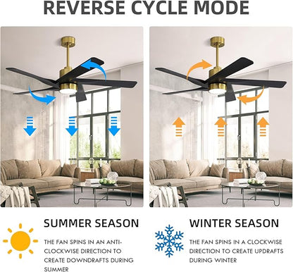 WINGBO 54" ABS DC Ceiling Fan with Lights, 5 Blade ABS Plastic Ceiling Fan with Remote, 6-Speed Reversible DC Motor, LED Ceiling Fan for Kitchen Bedroom Living Room, Brass and Matte Black