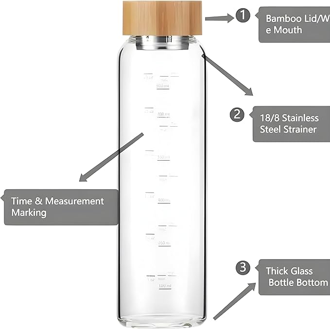 1Liter Borosilicate Glass Water Bottle with Bamboo Lid & Wide Mouth, Tea Infuser, Time Markers, and Motivational Design, Include Sleeve for Durability & Secure Grip., Nar02