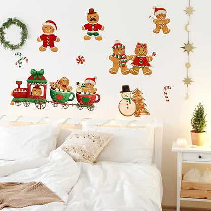 Yovkky Christmas Gingerbread Man Wall Decals Stickers, Xmas Snowman Santa Claus Winter Home Bedroom Decor, 2025 New Year Candy Cane Peppermint Cookie Kitchen Living Room Decorations Art Holiday Gift