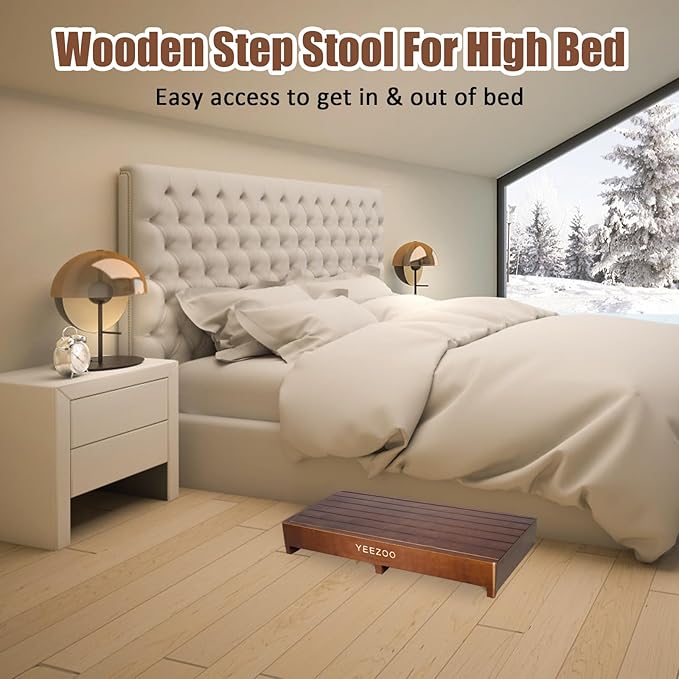 Wooden one Step Stool- Solid Pine Wood Step Riser with Non-Slip Pads, Wood Step Stool for Elderly Adults, high Bed, Bathroom, Kitchen (31.5" L*15.7" W*3.9" H, Brown, 400LBs Capacity)