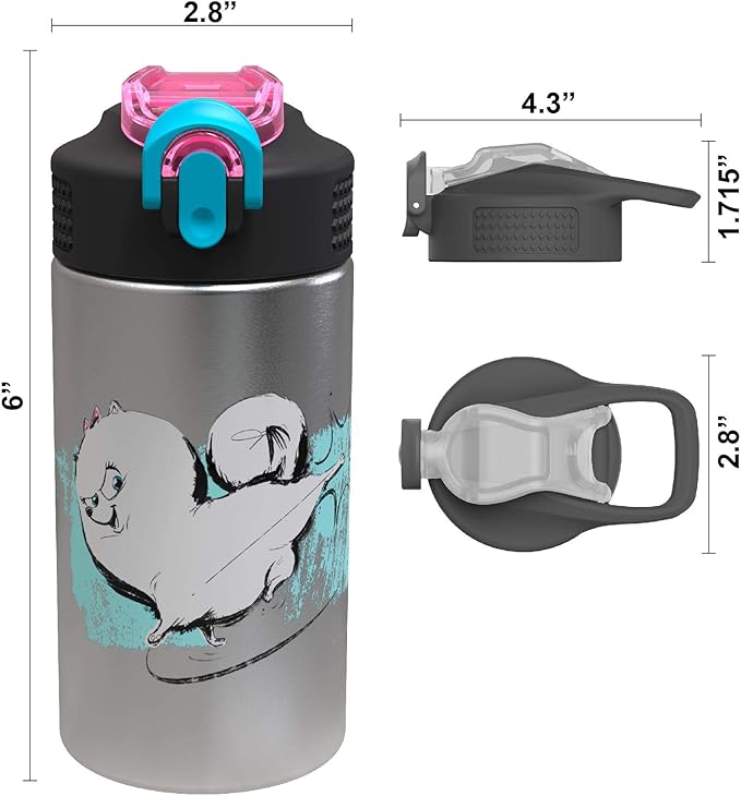 Zak Designs The Secret Life of Pets 2 - Stainless Steel Water Bottle with One Hand Operation Action Lid and Built-in Carrying Loop, Water Bottle with Straw is Perfect for Kids(15.5 oz, 18/8,BPA-Free)