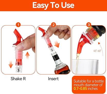 Automatic Measured Bottle Pourer - Quick Shot Spirit Measure Pourers with Dust Caps for Tequila Cocktail Home Bar Tools 1.5oz/45ml(Red No-Collar, 4 Pack)