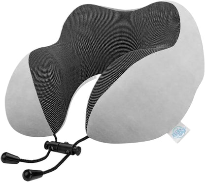 Lux & Sky Cooling Memory Foam Travel Neck Pillow Set for Airplane Car, Home, Office | Travel Essential Neck Pillow with Sleeping Mask & Earplugs | 3 in 1 U Shape Memory Foam Travel Pillow (Light Gray)