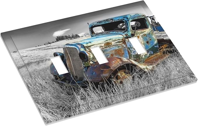 Vintage Country Old Blue Truck 3 Gang Light Switch Plate Decorative Rustic Automobile Triple Toggle Wall Plate Cover Electrical Faceplate Switchcover for Bathroom Bedroom Home Art Panel Decor