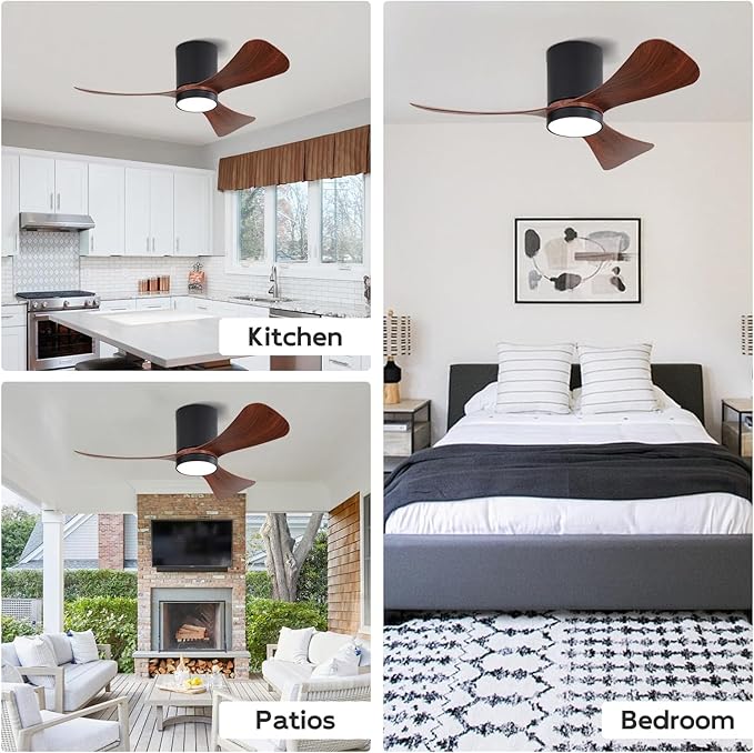 42 Inch Low Profile Ceiling Fan with Lights, Modern Flush Mount Ceiling Fan, 3 ABS Blades, 6-Speed, Reversible DC Motor, Noiseless, for Indoor/Outdoor Kitchen Bedroom, Black+Walnut