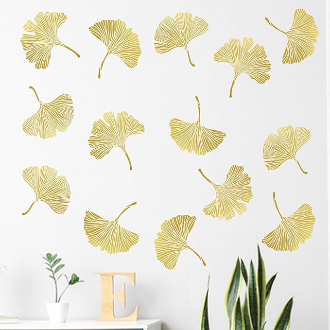 Mfault Gold Leaves Wall Decals Stickers, Ginkgo Leaf Botanical Living Room Decorations Bedroom Art, Plant Home Kitchen Bathroom Decor