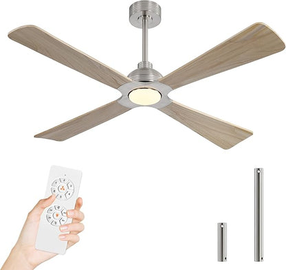 WINGBO 56 Inch DC Ceiling Fan with Lights and Remote, 4 Solid Wood Blades, 3CCT, 6-Speeds Reversible DC Motor, Modern Ceiling Fan for Bedroom Living Room Kitchen, Brushed Nickel and Oak