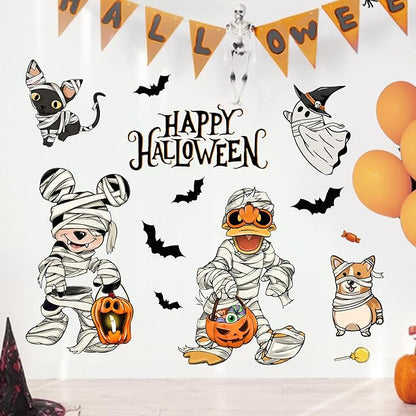 Mfault Happy Halloween Cartoon Mouse Duck Wall Decals Stickers, Spooky Mummy Cat Dog Ghost Decorations Bedroom Art, Funny Jack O Lantern Pumpkin Bat Home Kitchen Living Room Decor