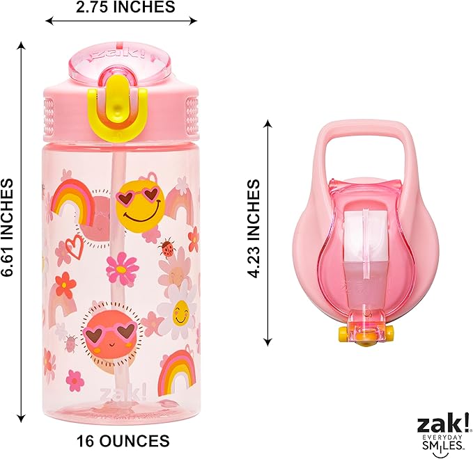 Zak Designs Kids Water Bottle For School or Travel, 16oz Durable Plastic Water Bottle With Straw, Handle, and Leak-Proof, Pop-Up Spout Cover (Sunny Smiles)