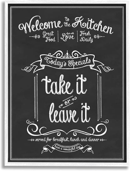 Stupell Industries Welcome to The Kitchen Chalkboard Style Vintage Sign, Design by Lettered and Lined White Framed Wall Art, 24 x 30, Black