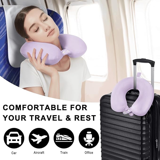 Travel Neck Pillow Airplane, Soft Memory Foam Support Head Neck Chin, with Removale Cover and Adjustable Snap Button, Comfortable Sleeping in Plane Car Train Traveling Office Home, Purple