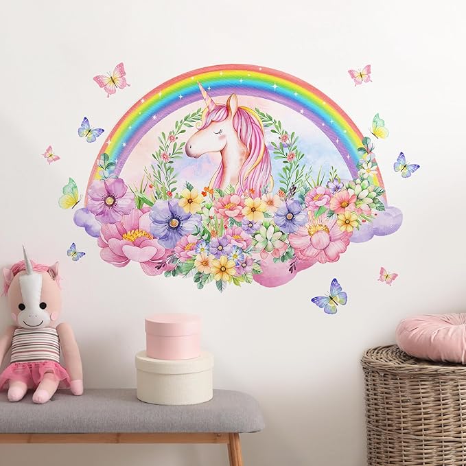 Rainbow Unicorn Wall Decals, Bouquets Flowers Butterflies Wall Stickers Removable Creative Self Adhesive Wall Art Sticker Home Decor for Girls Baby Nursery Kids Room Living Room