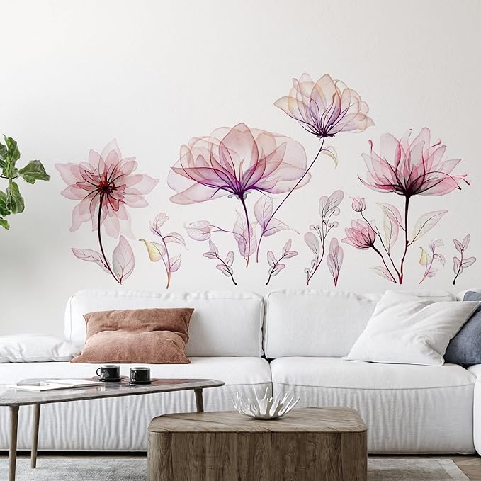 Zonon Flowers Wall Decals Vinyl Dragonflies Flowers Wall Stickers Removable Floral Wall Murals Peel and Stick Colorful Flower Wall Decor for Bedroom Living Room Nursery(Floral)