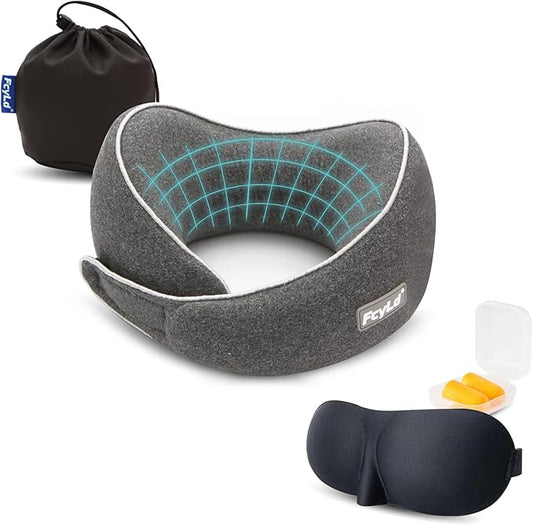 Memory Foam Travel Neck Pillow, 360° Ergonomic Design, Comfortable and Portable, Adjustable Washable Cover, Includes 3D Eye Mask, Earplugs, for Airplane, Car, Office, Home