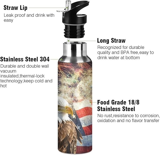 xigua 22 OZ Bald Eagle American Flag Water Bottle with Straw, Sports Water Bottle BPA Free Stainless Steel Water Jugs for Gym, Kitchen, Working, Outdoor