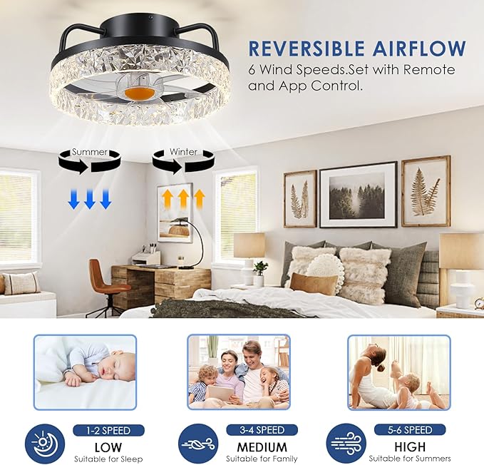 13" Ceiling Fans with Lights - Flush Mount Low Profile Ceiling Fan Lights with Remote/APP, 6 Speeds 3CCT, with 7 ABS Reversible Blades, Modern Bladeless Fan Light for Indoor Bedroom