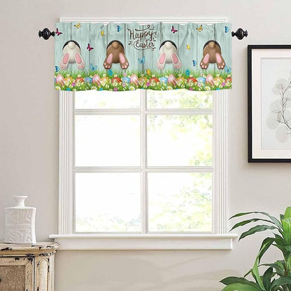 Vandarllin Spring Easter Kitchen Curtains and Valances Set, Funny Bunny Tails Rabbit Window Tiers Floral Farmhouse Half/Short Curtains for Small Windows Cafe/Living Room/Bedroom 54x 36 in