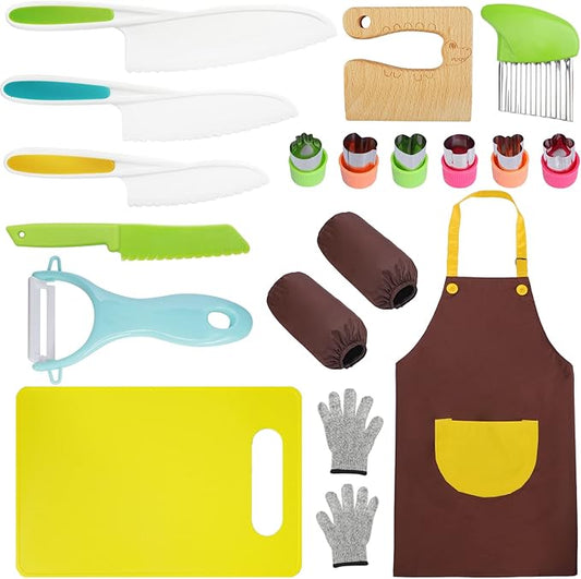 17PCS Wooden Kids Kitchen Knife,4PCS Plastic Serrated Edge Toddler Knife,Nylon Kids knife Set With Kids Apron Gloves Cutting Board Potato Slicers and Peeler DIY Mold,Kids Kitchen Tool for Real Cooking