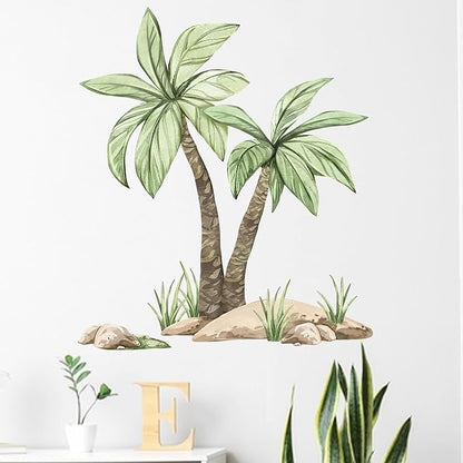 Mfault Summer Palm Tree Wall Decals Stickers, Spring Coconut Tree Tropical Hawaii Living Room Decorations Bedroom Art, Green Plants Home Kitchen Decor