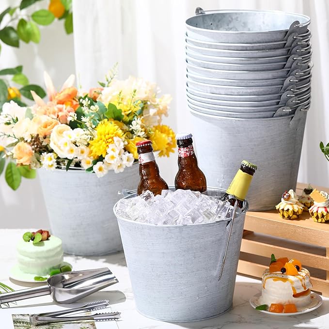 Zopeal 16 Pcs Galvanized Beer Bucket Metal Ice Buckets with Shovels and Tongs Large Steel Pail Tin with Handle for Party Wedding Wine Champagne Bar Kitchen Christmas Table Centerpieces (Vintage White)