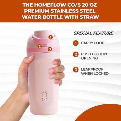 The HomeFlow Co.'s 20 oz Water Bottle with Straw - Leakproof Stainless Steel BPA-Free Water Bottle, Double Walled & Vacuum Insulated (Pink)