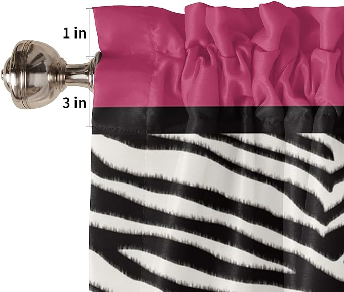 Vandarllin Kitchen Curtains and Valances Set,Animal Zebra Print Window Treatments Tiers Black White Pink Semi Sheer Half/Short Curtains for Small Windows Cafe/Living Room/Bedroom 54x24 in, 3-Piece