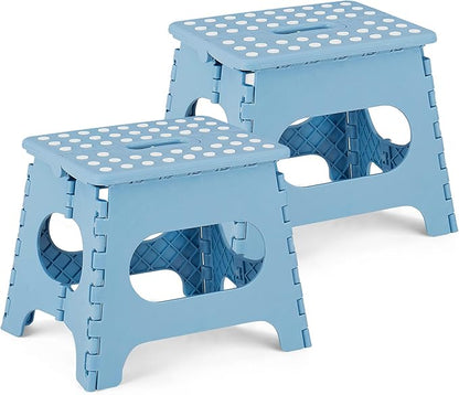 VECELO Folding Step Stool 11 Inch, Non-Slip Surface Portable Foldable 1 Step Stool with Carry Handle, Heavy Duty to Support Kids/Toddler/Adults for Living Room, Kitchen, Bathroom, Set of 2, Blue