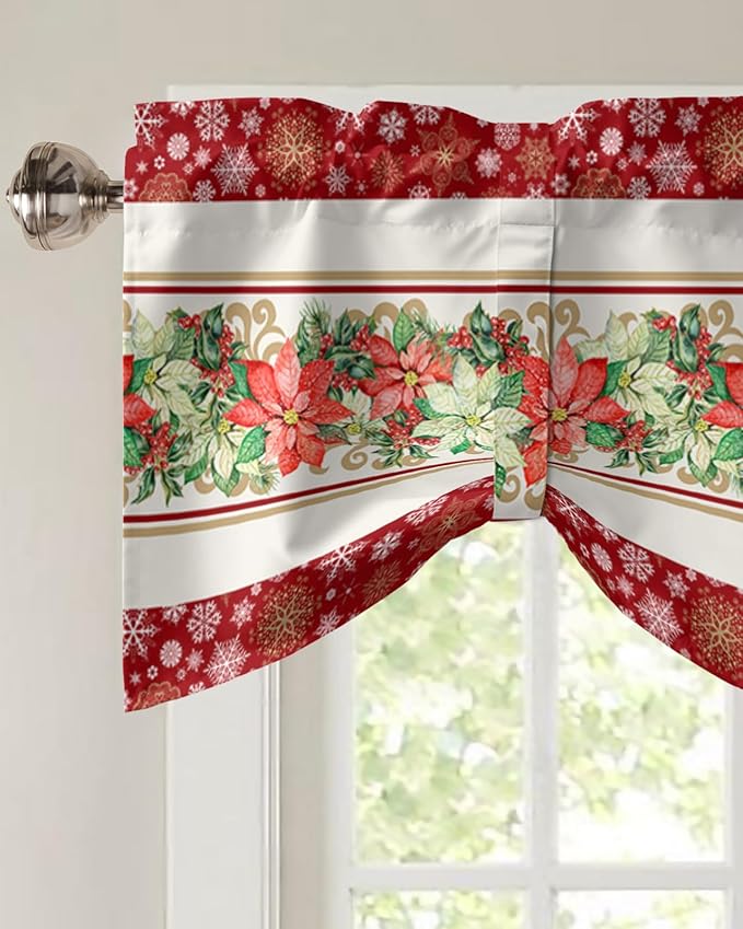 Watercolor Poinsettia Christmas Blackout Tie Up Valance Curtains for Kitchen Windows Red Xmas Winter Holiday Window Toppers Balloon Shades for Living Room/Bathroom/Bedroom,42" X 12", Gold White