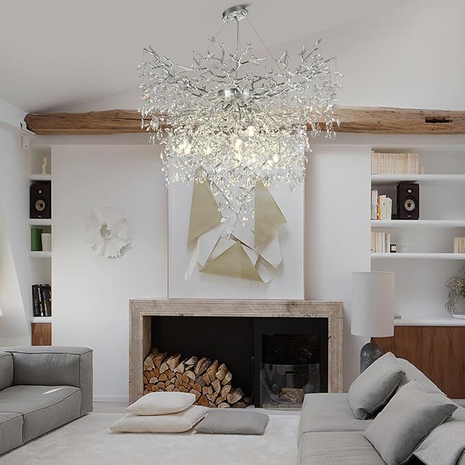 40 inch Crystal Chandelier for Dining Room, Round Silver Tree Branches Chandeliers, Top K9 Crystal Chandelier, Modern Chandeliers for Kitchen,Foyer Entryway,Luxury Adjustable Hanging Chandelier