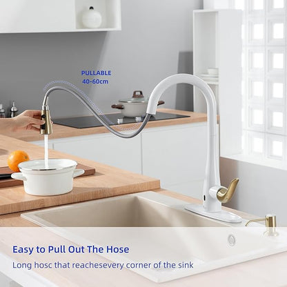 Touchless Kitchen Faucet with Soap Dispenser and Pull Down Sprayer - Single Handle Sensor Kitchen Sink Faucet, 1 or 3 Hole Design for Modern Farmhouse Kitchens, Rv, and Bar Sinks(Whit and Gold)