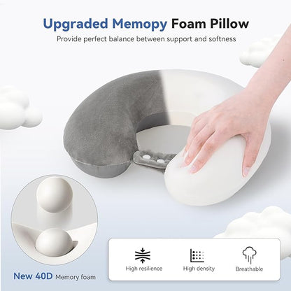 Cooling Travel Pillow, Neck Pillow Airplane Memory Foam Double-Side with Sleep Mask Earplugs, Soft & Support Airplane Pillow for Travelling Plane Car Train Home Use, Grey