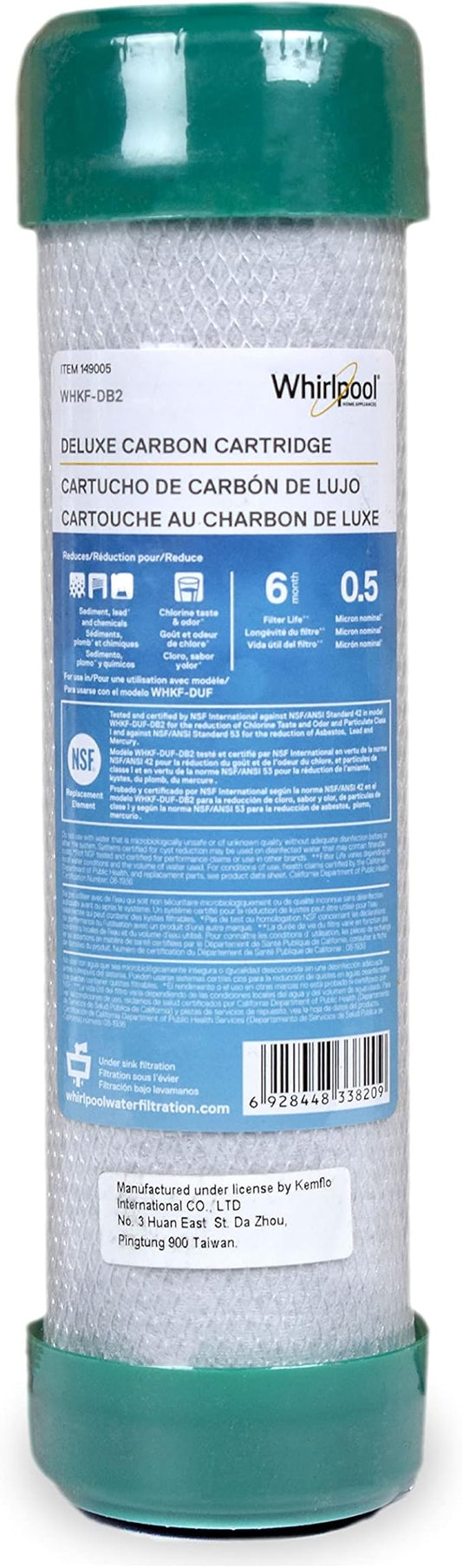 Whirlpool Undersink Premium Carbon Block Filter WHKF-DB2, 0.5 Micron Rating Reduces Mercury, Lead, Cysts, Asbestos, 6-Month Life, Use for Home Drinking Water Filtration or Reverse Osmosis System