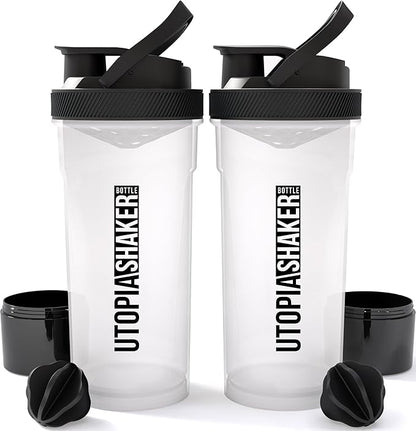 Utopia Home Shaker Bottle 2 Pack - 24 Ounce Plastic Protein or Cocktail Shaker Bottle for Pre & Post workout with Twist & Lock Protein Box Storage (Clear/Black)