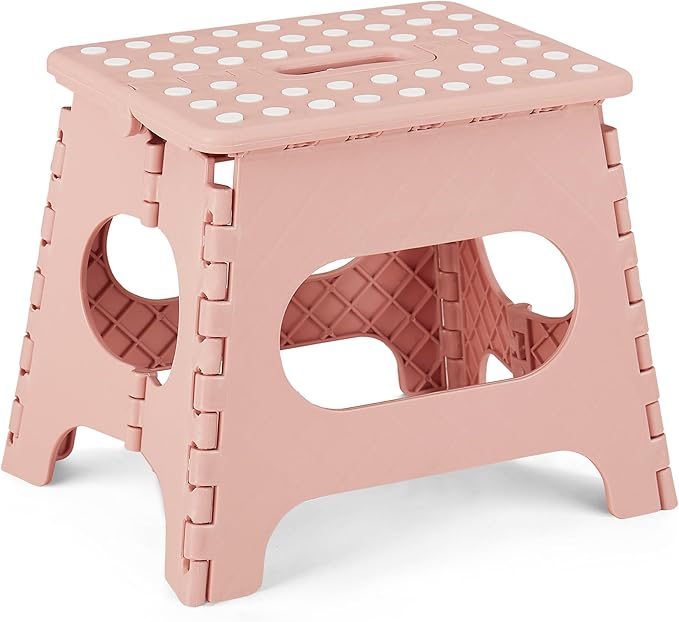 VECELO Folding Step Stool 11 Inch, Non-Slip Surface Portable Foldable 1 Step Stool with Carry Handle, Heavy Duty to Support Kids/Toddler/Adults for Living Room, Kitchen, Bathroom, Pink