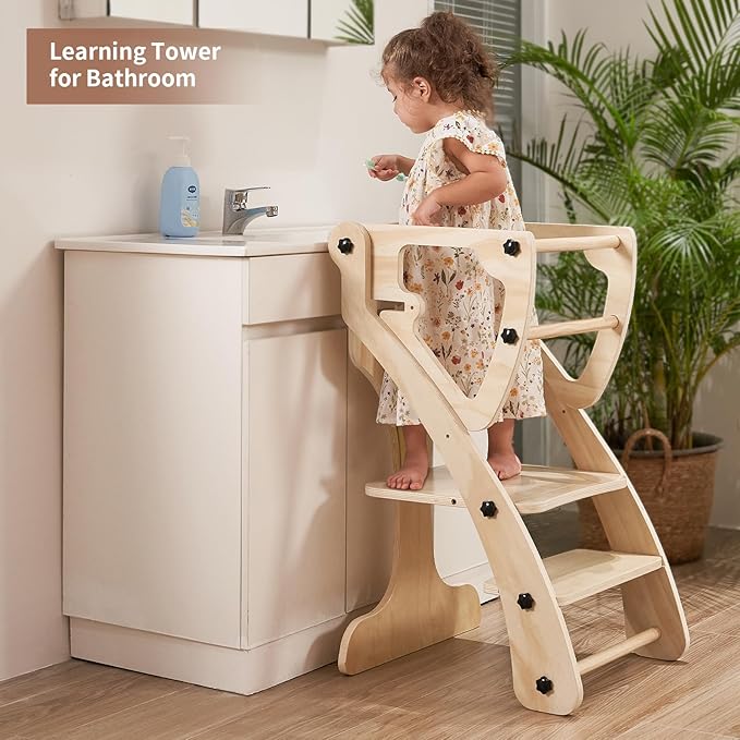 Toddler Standing Tower, 2 in 1 Toddler Kitchen Step Stool Helpers, Adjustable Height Kids Learning Tower with Safety Rails