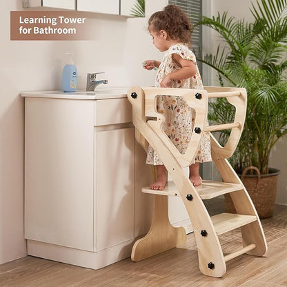 Toddler Standing Tower, 2 in 1 Toddler Kitchen Step Stool Helpers, Adjustable Height Kids Learning Tower with Safety Rails