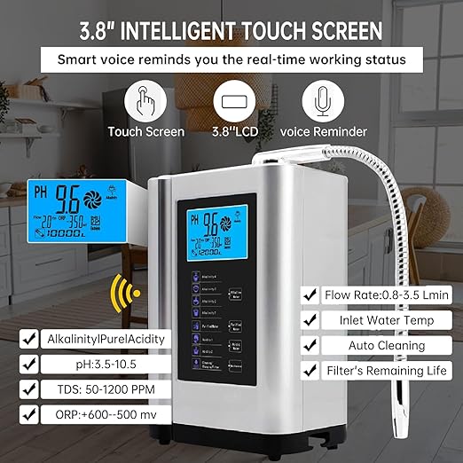 Alkaline Water Ionizer Machine AG7.0, Home Filtration System Produces pH 4-10.5 Water, 7 Water Settings, Up to -570mV ORP, 8000L Per Filter, Silver