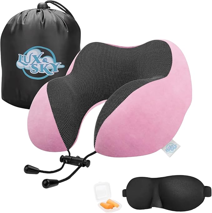 Lux & Sky Cooling Memory Foam Travel Neck Pillow Set for Airplane Car, Home, Office | Travel Essential Neck Pillow with Sleeping Mask & Earplugs | 3 in 1 U Shape Memory Foam Travel Pillow (Pink)