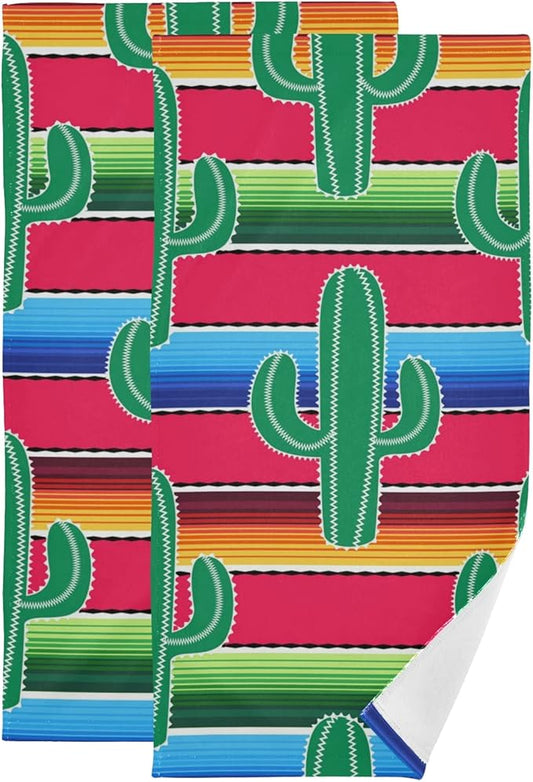 Towel Sets 2 Pack, Green Cacti on Colorful Stripes Bath Hand Towels Soft Absorbent Quick Dry for Bathroom Beach Kitchen Gym Travel