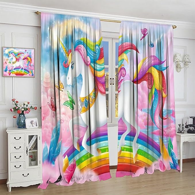 Unicorn Curtains Pink Kids Cartoon Room Darkening Decor Curtains Boys Girls Baby Room Decor Curtains Living Room Kitchen Decor 42x54 Inch 2 Panels