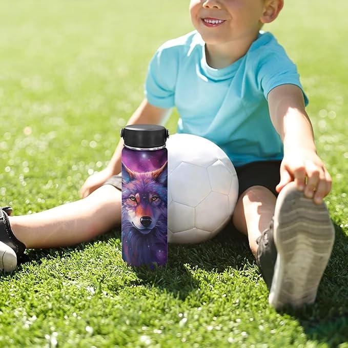 ZOUTAIRONG Galaxy Wolf Water Bottle Insulated 18 Oz Sport Water Bottles for Boys Kids Stainless Steel Water Bottles Metal Water Bottle Wide Mouth Bottle Vacuum Cup Purple Star