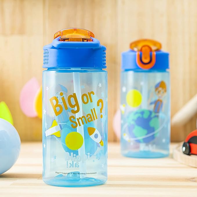 Zak Designs Blippi Kids Water Bottle with Spout Cover and Built-In Carrying Loop, Made of Durable Plastic, Leak-Proof Design for Travel (16 oz, Pack of 2)