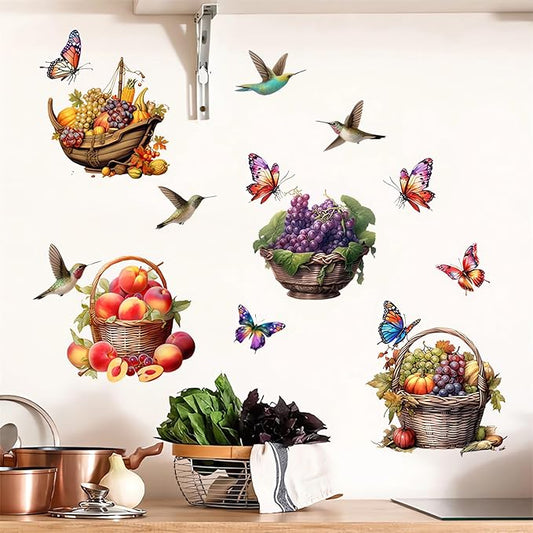 Colorful Fruits Basket Butterfly Hummingbirds Wall Stickers, sacinora Grapes Peaches Pumpkin DIY Wall Decals Removable Vinyl Peel and Stick for Kitchen Living Room Bedroom Art Home Decorations