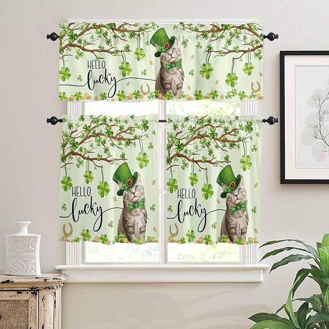 Vandarllin Lucky Cat St. Patrick's Day Kitchen Curtains and Valances Set, Green Spring Shamrocks Tree Windows Treatments Tiers Half/Short Curtains for Small Windows Cafe/Living Room/Bedroom 54x36 in