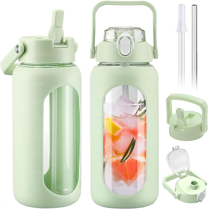 BLUEGO 64oz Glass Water Bottles with 2 Lids Flip Lid and Spout Lid Half Gallon Water Bottle with Straw 2L Large Water Bottle with Time and Capacity Markers for Gym Home Office Leak-proof, Green